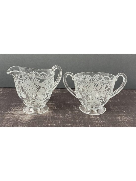 Fostoria Romance Other - VTG 1940s Fostoria Romance Crystal Creamer Sugar Bowl Set Floral & Ribbon Etched